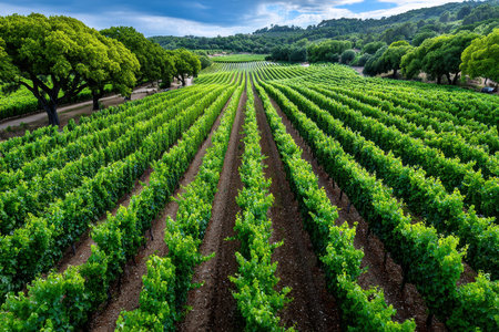 Rows of green grapevines stretch across a vineyard under a cloudy skyの写真素材