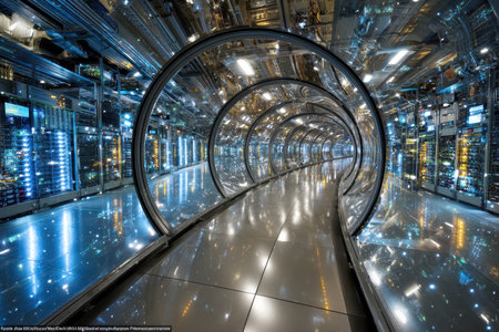 A glass tunnel winds through a futuristic server room filled with glowing lightsの写真素材