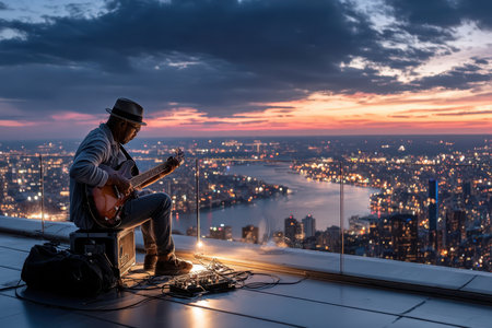 A musician plays on a rooftop overlooking a city at sunsetの写真素材
