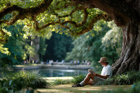 A man sits under a large tree reading by a pond in a parkの写真素材