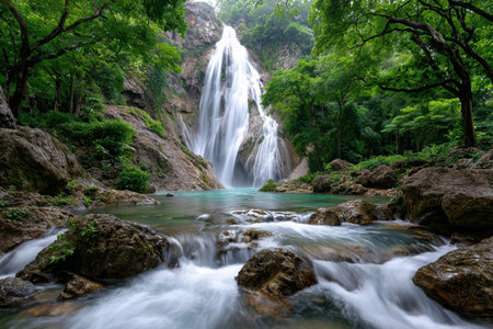 A waterfall cascades into a clear turquoise pool surrounded by lush greenery and rocksの写真素材