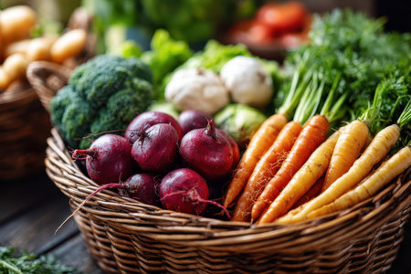 Freshly harvested organic vegetables displayed in a woven basketの写真素材