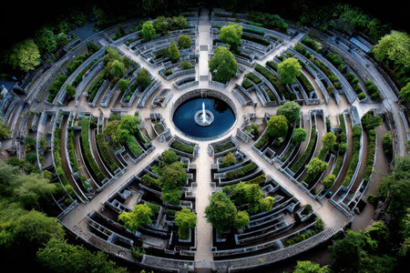 Aerial view of a circular garden maze with a fountain in the centerの写真素材