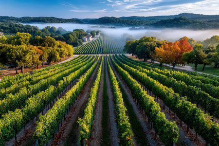Lush, green vineyards stretch across a misty valley in the early morning lightの写真素材