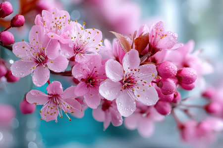 Closeup of pink blossoms covered in dewdrops on a branchの写真素材