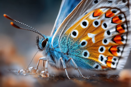 Extreme closeup of a colorful butterfly on a blurred backgroundの写真素材