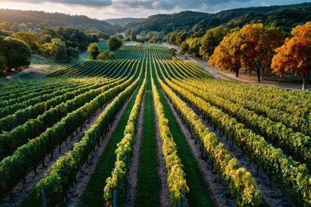 Rows of grapevines in a vineyard during sunset with colorful autumn trees and hills in the backgroundの写真素材