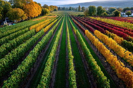 Rows of colorful grapevines in a vineyard during autumnの写真素材