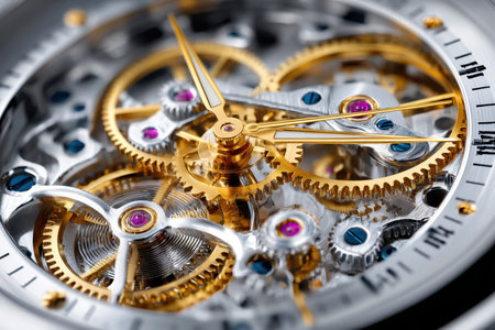 Closeup of the intricate mechanism of a watch, showing gears and other componentsの写真素材