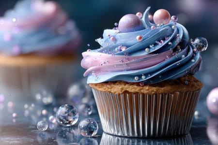 A pastel cupcake with iridescent frosting and decorative sprinklesの写真素材