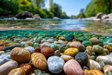 Smooth colorful river rocks seen from underwater with surface ripples aboveの写真素材