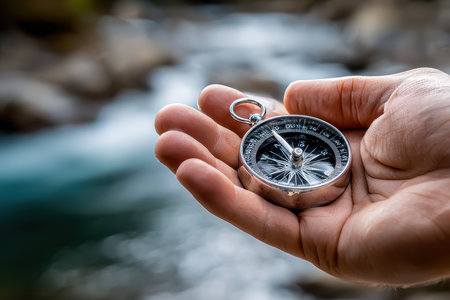 A hand holds a compass with a blurred river in the backgroundの素材