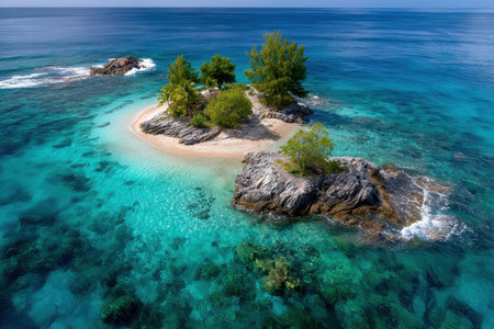 Aerial view of a small tropical island with white sandy beaches and lush vegetationの写真素材