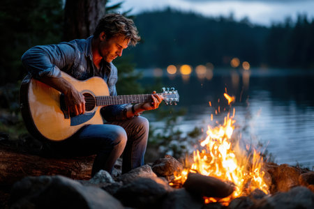 A man plays an acoustic guitar by a campfire near a lake at duskの写真素材