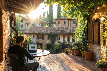 A person is working on a laptop from a terrace, enjoying morning sunlight and stunning views of historic houses.の写真素材