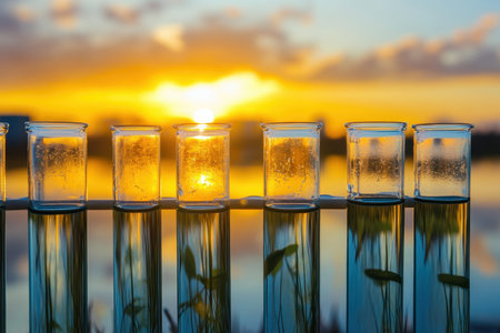 Sunset light reflects off test tubes containing water and aquatic plants on a tranquil waterfront.の写真素材