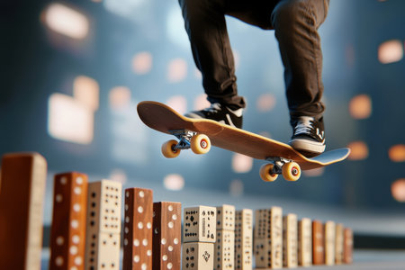 A skateboarder executes an impressive trick above a line of dominoes, showcasing skill in a lively indoor space.の写真素材