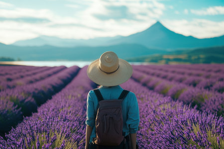 In a stunning lavender field, a person gazes at mountains while enjoying the vibrant colors at sunset.の写真素材