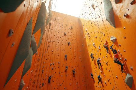 Enthusiastic climbers of all skill levels tackle challenging routes inside a bright orange rock climbing gym.の写真素材