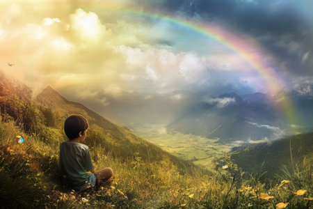 A young child sits peacefully in a meadow, gazing at a stunning rainbow over the lush valley below during sunset.の写真素材