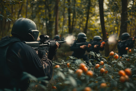 Armed personnel practice shooting techniques in a forested area surrounded by orange trees.の写真素材