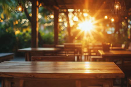 Golden rays of sunlight stream through trees, casting a warm glow on wooden tables in a tranquil setting.の写真素材