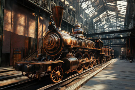 A detailed view of a classic steam locomotive resting inside a spacious old train depot under natural light.の写真素材
