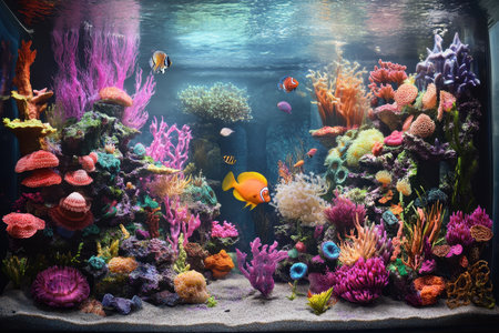 A stunning aquarium displays an array of colorful coral, exotic fish, and lively marine plants in clear water.の写真素材