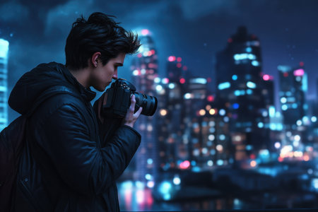 A person stands focused on photographing the vibrant city skyline illuminated at night.の写真素材