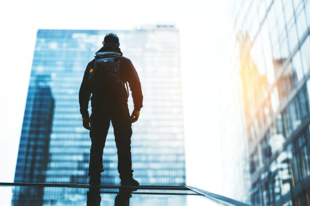 A man with a backpack stands on the edge of a rooftop, overlooking tall buildings as the sun rises.の写真素材