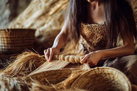 A skilled artisan weaves natural fibers into intricate baskets, showcasing traditional techniques in a cozy environment.の写真素材