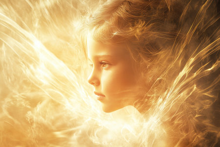 A young girl with glowing features gazes thoughtfully ahead, surrounded by warm, ethereal light.の写真素材