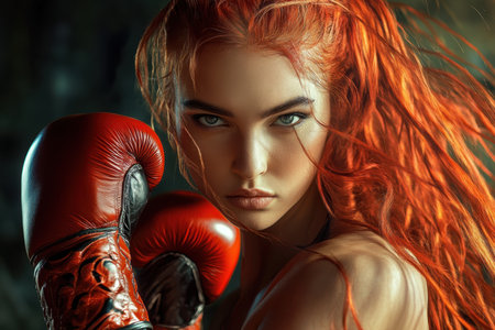 A skilled female boxer stands confidently with red gloves, ready for her upcoming match, showcasing determination.の写真素材