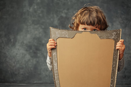 A child plays by hiding behind a cardboard shield, showing curiosity and creativity in a cozy atmosphere.の写真素材