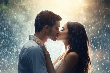 A couple embraces and shares a kiss in the rain, illuminated by soft light during sunset, creating a magical moment.の写真素材