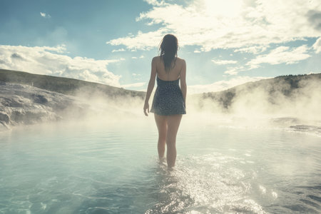 A woman wades into a steaming hot spring surrounded by misty landscapes, enjoying peaceful outdoor moments.の写真素材