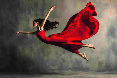 A dancer performs an expressive leap while wearing a vibrant red dress, showcasing elegance and motion.の写真素材