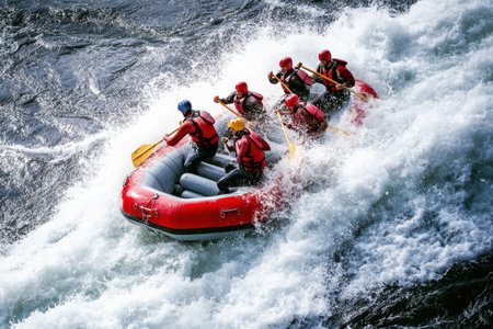 Participants in red life jackets navigate through rough waters while rafting, showcasing teamwork and excitement.の写真素材