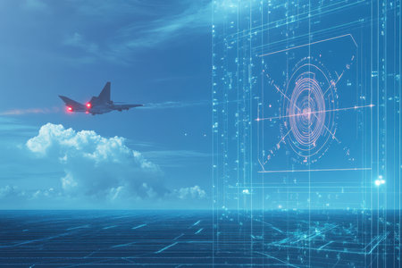 A sleek aircraft navigates the sky above the ocean amidst clouds and a futuristic digital display.の写真素材