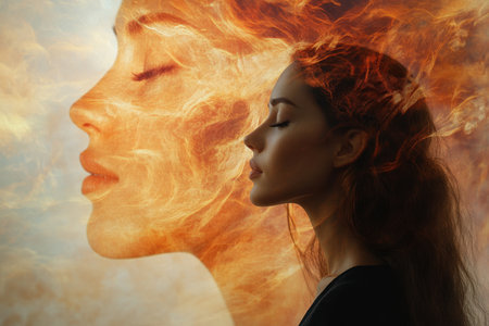 A woman stands in profile, her face blended with flames, embodying intensity and artistic expression.の写真素材