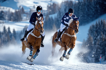 Two riders in winter gear gallop their horses through deep snow in a mountainous area under clear skies.の写真素材