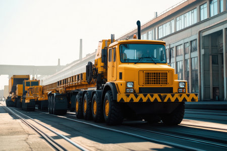 A yellow heavy truck moves along tracks carrying oversized cargo at an industrial location in the morning.の写真素材