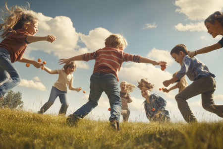 A group of joyful children is running and playing in a vibrant field, tossing oranges under a clear sky.の写真素材