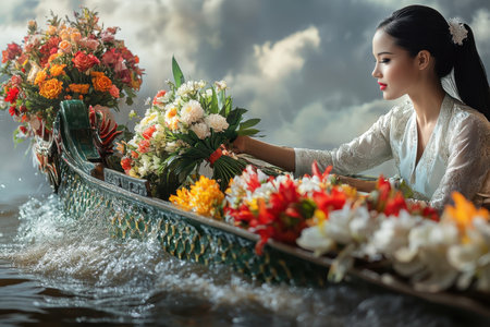 A woman in traditional attire skillfully steers a flower-filled boat, creating a beautiful scene.の写真素材