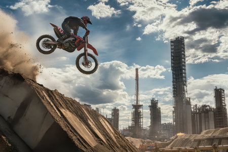 A motocross rider catches air above a dirt mound amidst an industrial setting with tall structures under a dramatic sky.の写真素材