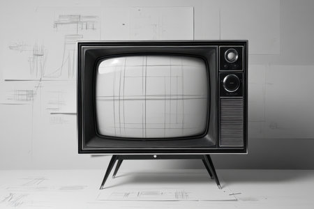 A classic television set with a blank screen stands against a simple backdrop with sketches.の写真素材