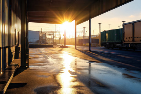 Sunlight streams through a loading area, reflecting on the wet ground near parked trucks at dusk.の写真素材