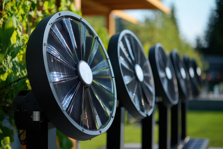 A row of large outdoor cooling fans is positioned in a garden, providing relief on a hot afternoon.の写真素材