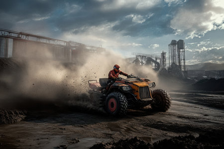 A rider skillfully drives an all-terrain vehicle, kicking up dust at a construction site as clouds gather overhead.の写真素材