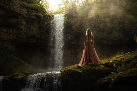 A woman in a flowing gown admires a tranquil waterfall in a forest, illuminated by the soft light of sunset.の写真素材